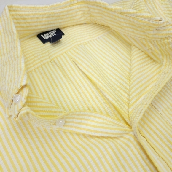 New Lands End Men's Seersucker Yellow White Striped Short Sleeve Shirt Sz M - Picture 8 of 11